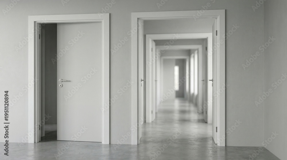 Fototapeta premium Minimalist interior featuring a series of white doors opening into a long bright hallway, perspective concept, modern architecture, clean space.