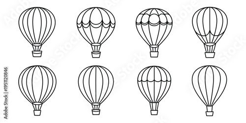 Hot air balloon outline coloring book line art set, simple vector illustration collection, minimal black stroke design