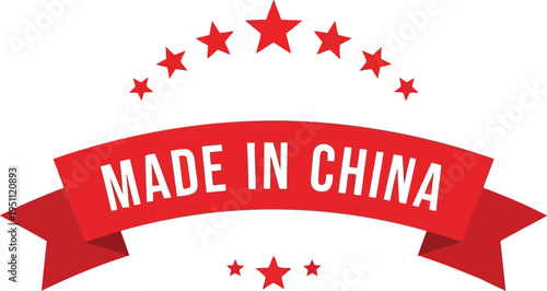 Made in China Red Ribbon Label with Stars Emblem for Product Packaging and Manufacturing Stamp
