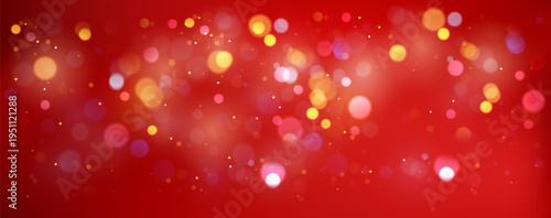Abstract red gradient background with bokeh effect, geometric shapes, and sparkling light particles creating festive pattern atmosphere. Vector illustration.