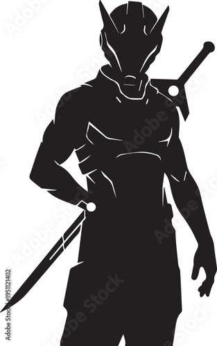Black silhouette of futuristic warrior with sword, armored body, horned helmet