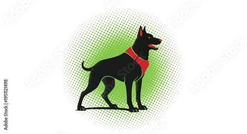 Black Dog with Red Collar, Halftone Green Background, Stylized Illustration