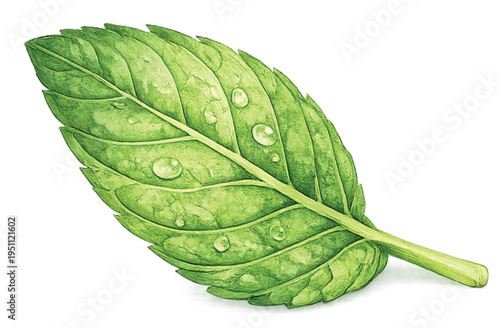 Single Mint Leaf with Water Droplets Watercolor Illustration Isolated on Transparent Background