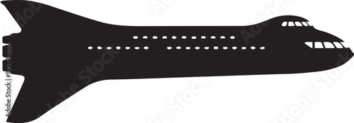 Futuristic transport spaceship vector silhouette illustration with window rows and line art