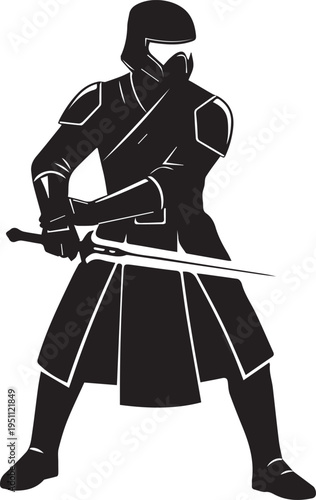 Vector illustration silhouette of armored samurai warrior holding sword, detailed armor