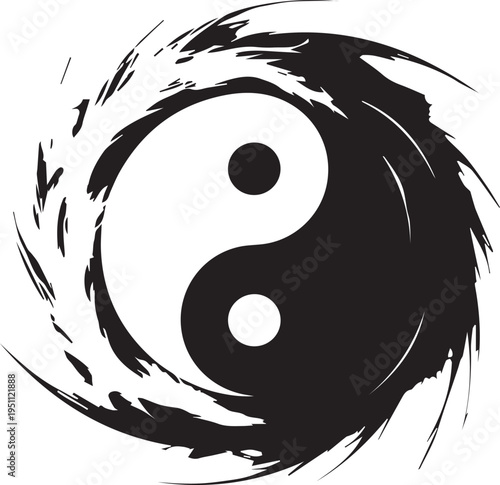Yin yang splash vector silhouette illustration with brush stroke circular swirl line art