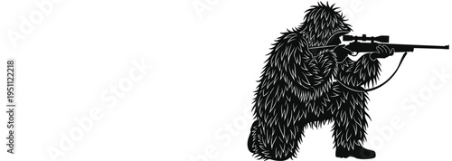 Vector Silhouette Illustration of a Sniper Wearing a Ghillie Suit for Camouflage While Aiming a Rifle During a Tactical Stealth Operation or Hunting Trip