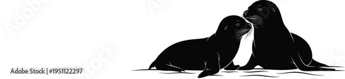 Vector Silhouette Illustration of Two Sea Lions Interacting on a Shoreline Featuring Detailed Whiskers for Marine Life Conservation and Coastal Wildlife Graphic Design Projects