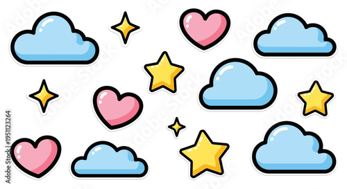 whimsical cartoon clouds hearts and stars on white background