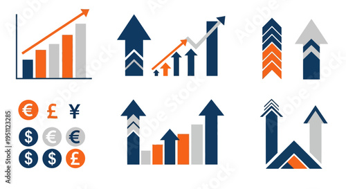 business growth and finance icons with arrows and currency symbols