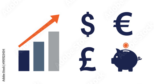 Financial growth concept with currency symbols and piggy bank