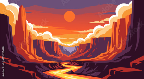 Vibrant Canyon Landscape Vector Illustration at Sunset with Majestic Cliffs and Flowing River