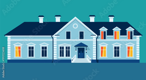 A beautifully designed vector illustration of a grand, light blue house with illuminated windows, showcasing architectural detail and inviting warmth
