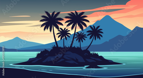 Serene Tropical Island at Sunset Vector Illustration - A Tranquil Escape into Nature's Beauty