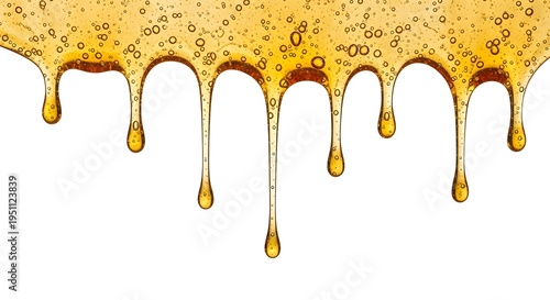 Golden honey dripping down against a white background showing viscous liquid texture with small air bubbles trapped inside the flowing syrup