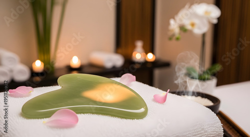 A serene spa setting with a jade stone on a towel