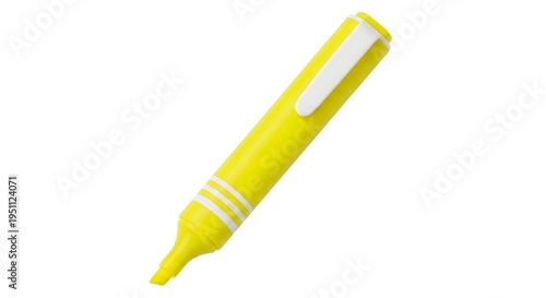 Single yellow highlighter pen with white clip and three white stripes on the barrel isolated against a plain white background for office use
