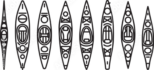 Ancient kayaks with intricate carvings and unique designs displayed in a row Vector
