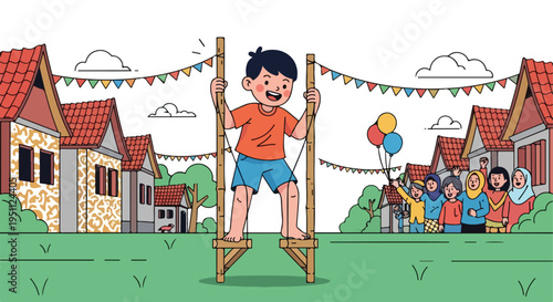 Joyful child on stilts celebrates with community and colorful decorations