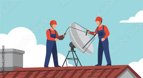 Two workers install a satellite dish on a rooftop with a chimney nearby under a blue sky