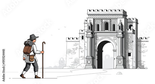 A lone traveler with a backpack and staff approaches a grand, ancient stone archway