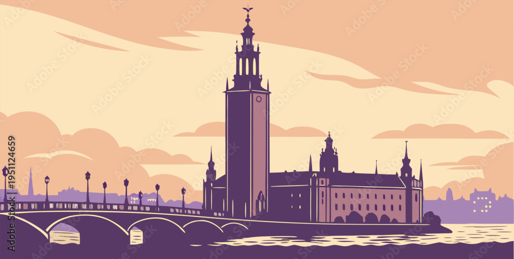 Naklejka premium Stockholm Sweden Sunset Cityscape with Historic Skyline