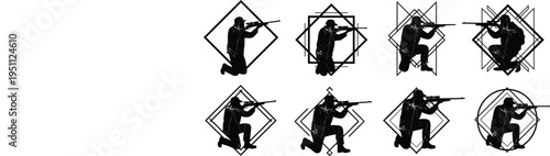 Vector Silhouette Set of Hunters Aiming Rifles Enclosed in Modern Geometric Frames and Diamond Shapes for Outdoor Sport and Hunting Logo Design