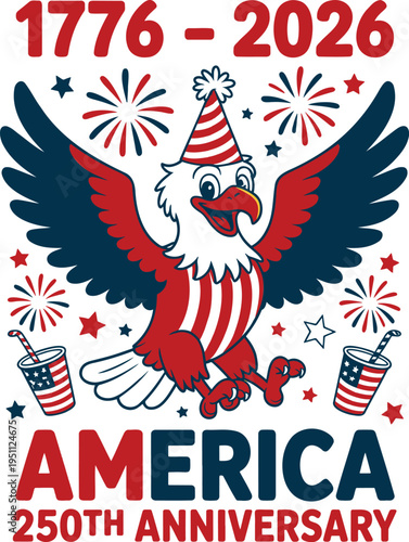 Patriotic bald eagle cartoon celebrates Americas 250th anniversary with fireworks and themed drinks