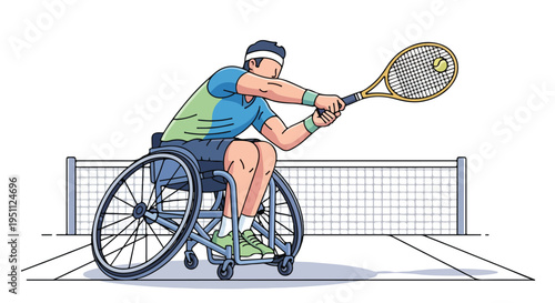Person in wheelchair playing tennis, hitting a ball over the net
