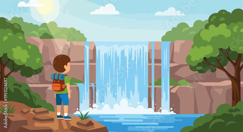 Young adventurer stands by a scenic waterfall, backpack ready for exploration