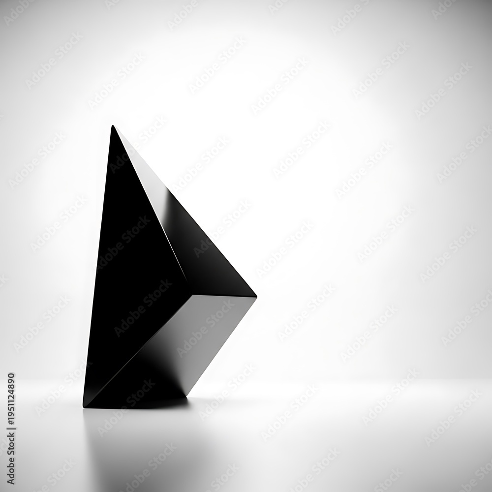 Fototapeta premium A sharp, glossy black geometric form sits against a soft white gradient background, reflecting on a smooth surface