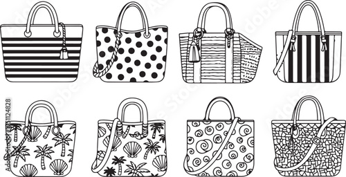 Eight distinct handbag designs showcasing various patterns and styles in a black and white sketch Vector
