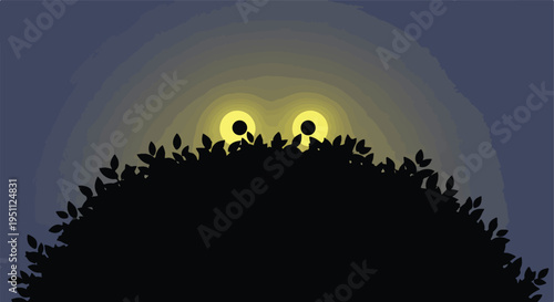 Mysterious glowing eyes peer out from behind dark foliage under a twilight sky