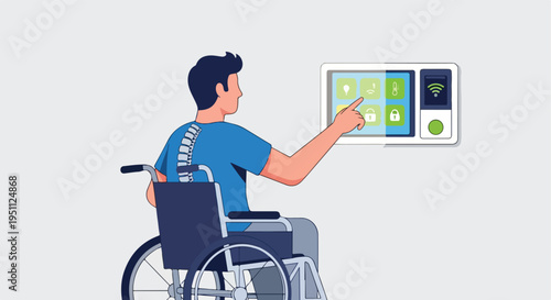 Person in wheelchair using a smart home control panel with various icons