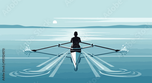 Silhouette of a single rower in a scull on calm water with distant hills