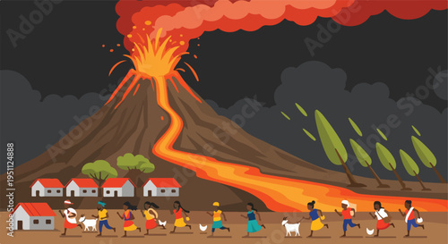 People and animals flee a village as a volcano erupts with lava and ash