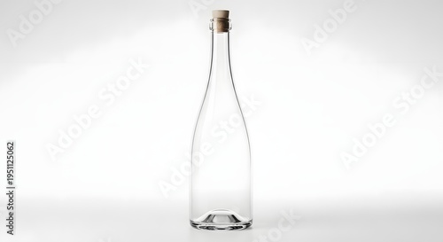 Empty clear glass wine bottle with a brown cork stopper standing upright on a clean white surface against a bright white studio background