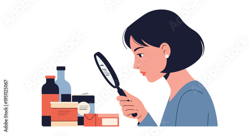 Person examines packaged goods with a magnifying glass