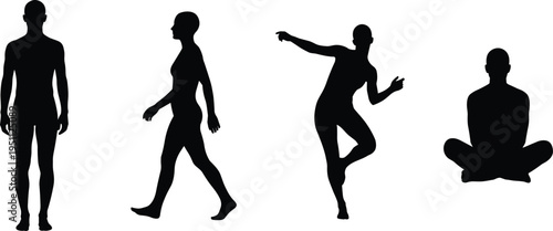 Black silhouettes of human figures in various poses including standing walking dancing and sitting isolated on a white background