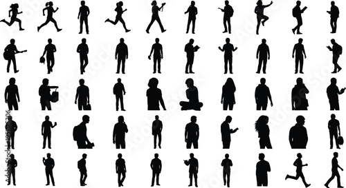 Large collection of black silhouettes featuring people in various active casual and professional poses isolated on white background,