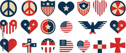 A diverse collection of patriotic symbols featuring peace signs, hearts, shields, and religious crosses