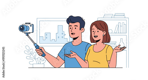 Young couple happily vlogging and gesturing with a selfie stick in a cozy home setting