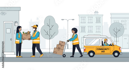 Volunteers deliver food in yellow vehicle to aid community residents