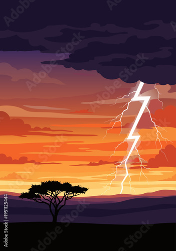 Dramatic vector illustration of a lightning strike over an African savanna landscape at sunset with a lone acacia tree, s6
