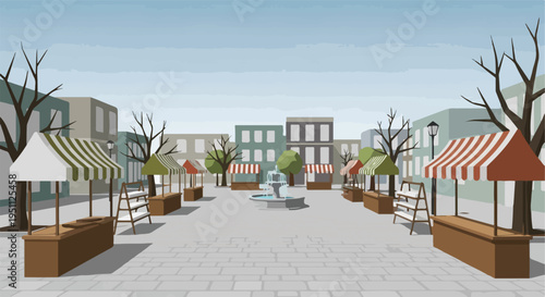 Empty town square with market stalls and a fountain