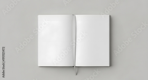 An open blank notebook on a plain gray background with a bookmark