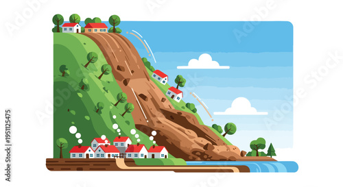 A landslide cascades down a steep hill, engulfing houses and trees near a body of water