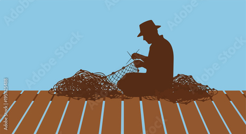 Silhouette of a person mending fishing nets on a wooden dock