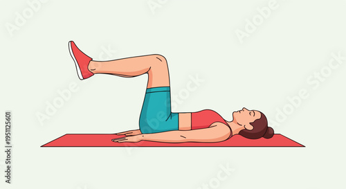 Woman lying on exercise mat, legs bent at hip and knee, one foot raised
