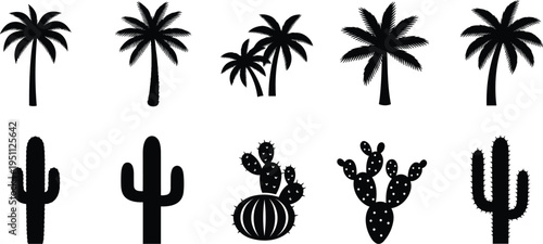 Vector Silhouette Set of Tropical Palm Trees and Desert Cactus Varieties Including Saguaro and Prickly Pear for Summer Vacation Design